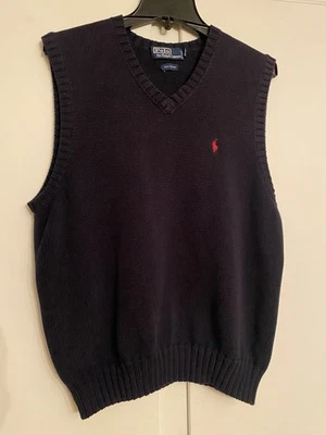 Vtg Polo Ralph Lauren Men's Knit Sweater Vest Size L Navy Blue Red Logo V Neck - Image 1 of 4