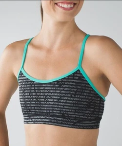 Lululemon Flow Y IV Sports Bra Black Teal Stripe Bali Breeze Size 8 Workout - Picture 1 of 8