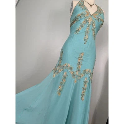 Papell Silk Maxi Dress Prom Gown 16 Green Blue Y2K Fairy Flapper Grunge Bead - Image 1 of 4