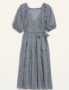 Old Navy Midi Wrap Dress Women’s L Blue Ditzy Floral Puff Sleeve Cottagecore - Picture 1 of 17