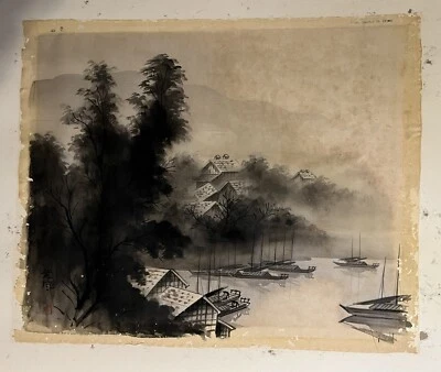Two Vintage Japanese Black Ink Landscape Paintings on Silk Signed 光風 Kōfū - Image 1 of 4