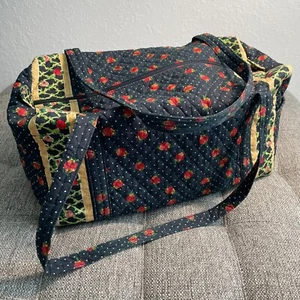 Americana by Sharif Large Navy Blue Gold Cotton Printed Roses Quilted Duffle Bag - Picture 1 of 14