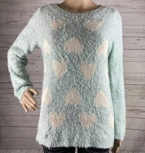 LC Lauren Conrad Sweater XS Pale Blue White Heart Pattern Fuzzy Knit Nylon Blend - Picture 1 of 12
