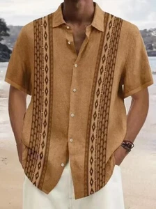 Plus Size Geometric Design Casual Print Shirt Button Up Big & Tall Shirt Brown - Picture 1 of 3