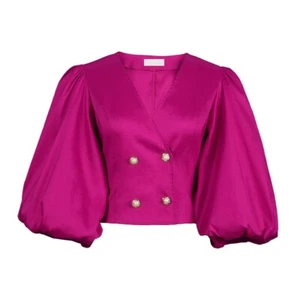 Hot Pink Blouse Big Puff Blouse V-Neck Pleated Oversized Top Lantern Casual Bell - Picture 1 of 9