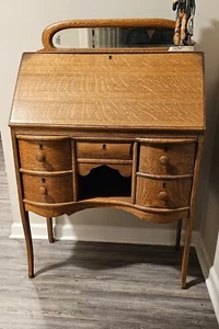 Antique Drop Front Secretary Desk, 4 Drawers,mirror, Great Condition - Picture 1 of 2