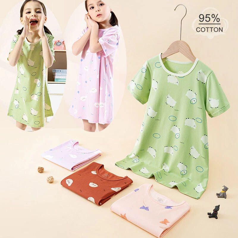 Vestido de noite feminino princesa verão pijama manga curta algodão infantil roupa de dormir - Imagem 1 de 4