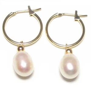 Pendientes de aro genuinos de perla blanca cultivada AAA en oro amarillo o blanco 14K - Imagen 1 de 2