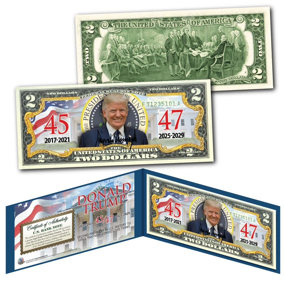 Billete de 2 dólares auténtico de curso legal de 45/47 Donald Trump 47º PRESIDENTE con sello Foto 1 de 1