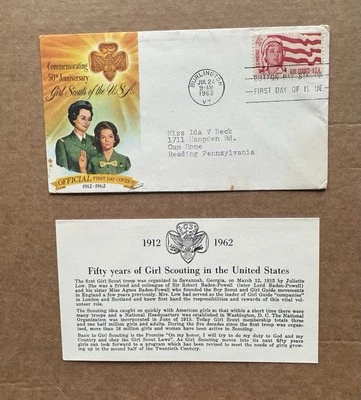 US 1962 FDC +Girl Scouts of America #1199 +Fleetwood Cachet +Info Card +Popular - Image 1 of 2