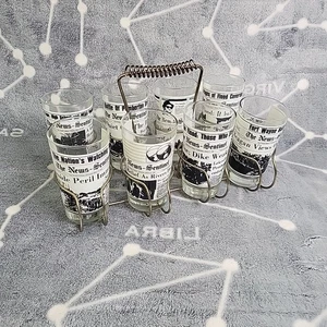 Fort Wayne News Sentinel, 1982 Headlines, 8 Drinking Glasses With Barware Caddy - Picture 1 of 13