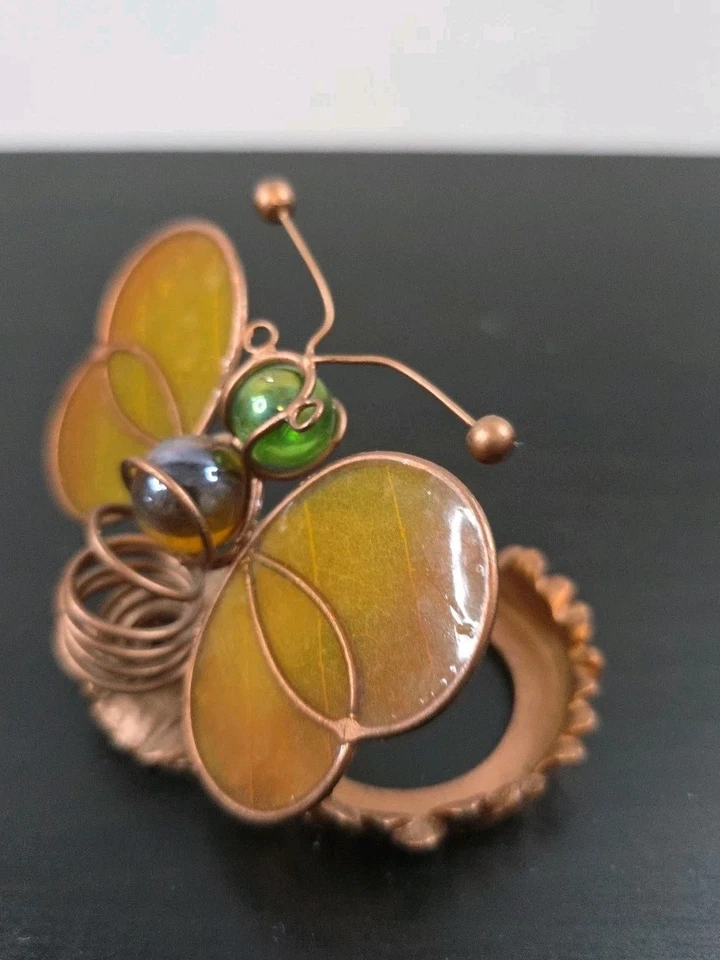 Stained Glass Butterfly Tea Light Candle Holder Green Brown Marbles - Image 1 of 3