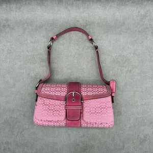 Borsa a tracolla Coach Signature tela pelle scamosciata rosa argento Auth 115778 - Foto 1 di 24