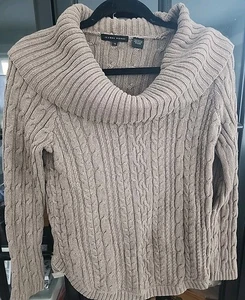 Jeanne Pierre Medium Beige Cable Knit Cowl Neck Sweater - Picture 1 of 6