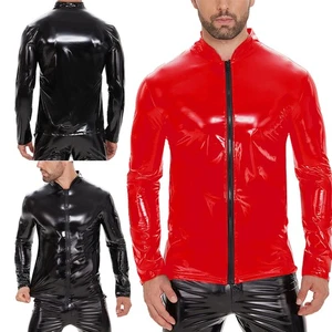 Men Wet Look PVC Leather Jacket Shirts Long Sleeve Zipper Tops Elastic T-shirts - Picture 1 of 12