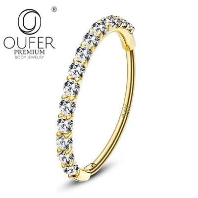 14K Solid Gold Zircon Septum Clicker 20G 8mm Nose Segment Ring Snug Daith Hoop - Image 1 of 4