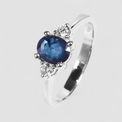 Pristine Blue Sapphire Oval 0.80Ct 925 Sterling Silver White Gold Rings Size 6 - Image 1 of 4
