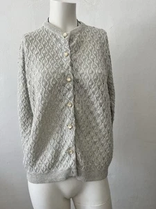 Vintage Large British 80s Silver Shiny Cable Knit Fisherman Sweater Cardigan  - Picture 1 of 4