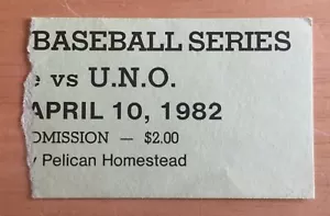 Boleto de la serie de béisbol de la Copa Pelican 1982 Tulane vs UNO 4/10/82 NOLA - Imagen 1 de 2