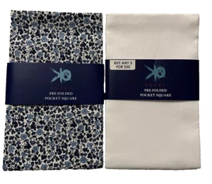 2-Pack, EGARA Pre-Folded Pocket Squares Blue Floral and Solid White, 100% Cotton - Picture 1 of 5