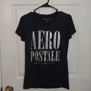 Aeropostale Grey Rhinestone Metallic Spell Out Y2K Short Sleeve Tshirt Size M - Picture 1 of 9