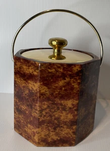 Kraftware Vinyl Ice Bucket Brown With Brass Lid and Handle Mid Century 8.5" Tall - Picture 1 of 11