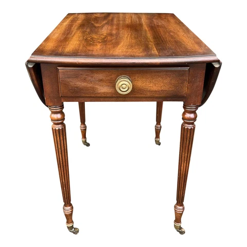 Vintage Late 20th Century Statton Brown Wood Drop-Leaf Side Table with Drawer Cover