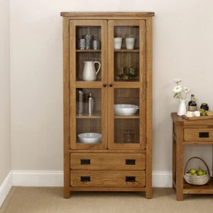 Rustic Oak Glazed Display Cabinet with 2 Drawers - Dining Room Furniture - RS18 - Picture 1 of 12