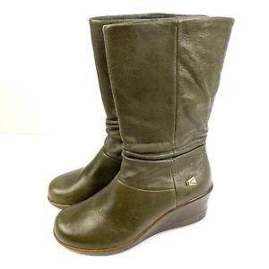 Keen Kate Slouch Boots 6 Olive Green Leather Mid Calf Pull On Wedge Booties