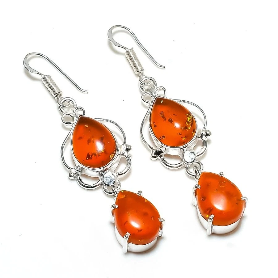 波罗的海琥珀宝石手工制作 925 纯银珠宝耳环 尺寸 2.25 — 第 1/1 张图片