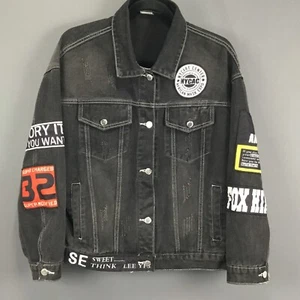Chaqueta de mezclilla Yiminger para mujer grande negra manga larga parches con botones chismes niña - Imagen 1 de 13