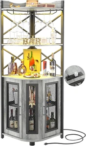 Corner Bar Cabinet with Power Outlet, Industrial Wine Cabinet with LED Strip and - Picture 1 of 12