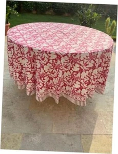 Cotton Tablecloth, Handblock Print Floral Table 110" Round Deep Pruce Red - Picture 1 of 4