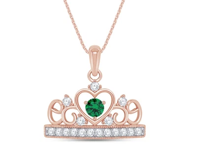 Collar corona corazón en plata chapada en oro rosa de 14k piedra de nacimiento simulada y circonita cúbica Foto 1 de 4
