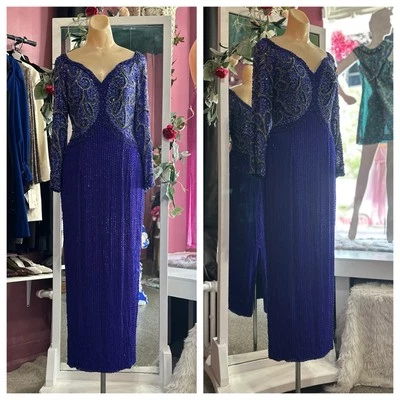 Vintage 80s 90s Heavily Beaded Maxi Evening Formal Dress Blue Purple Dallas M - Image 1 of 4