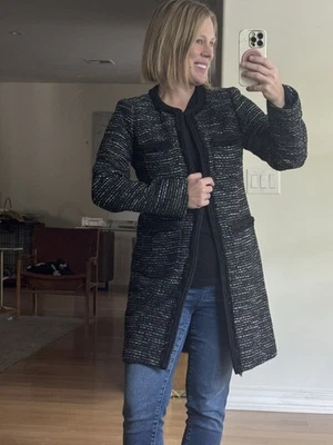 J. Jaqueta de tweed Crew Tweed Lurex Lady Coat tamanho 4 preto e branco com metálico - Imagem 1 de 4