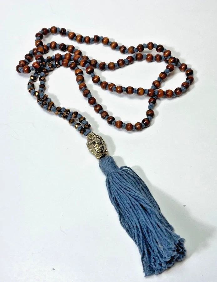 BIG HEAD BUDDHA Prayer Beads Necklace Tassel natural wood GRAY TASSEL Periwinkle - Image 1 of 4