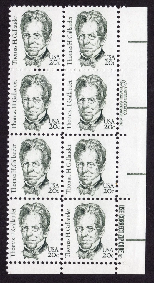 Scott #1861 Thomas H. Gallaudet Zip Block of 8 Stamps - MNH - Image 1 of 1