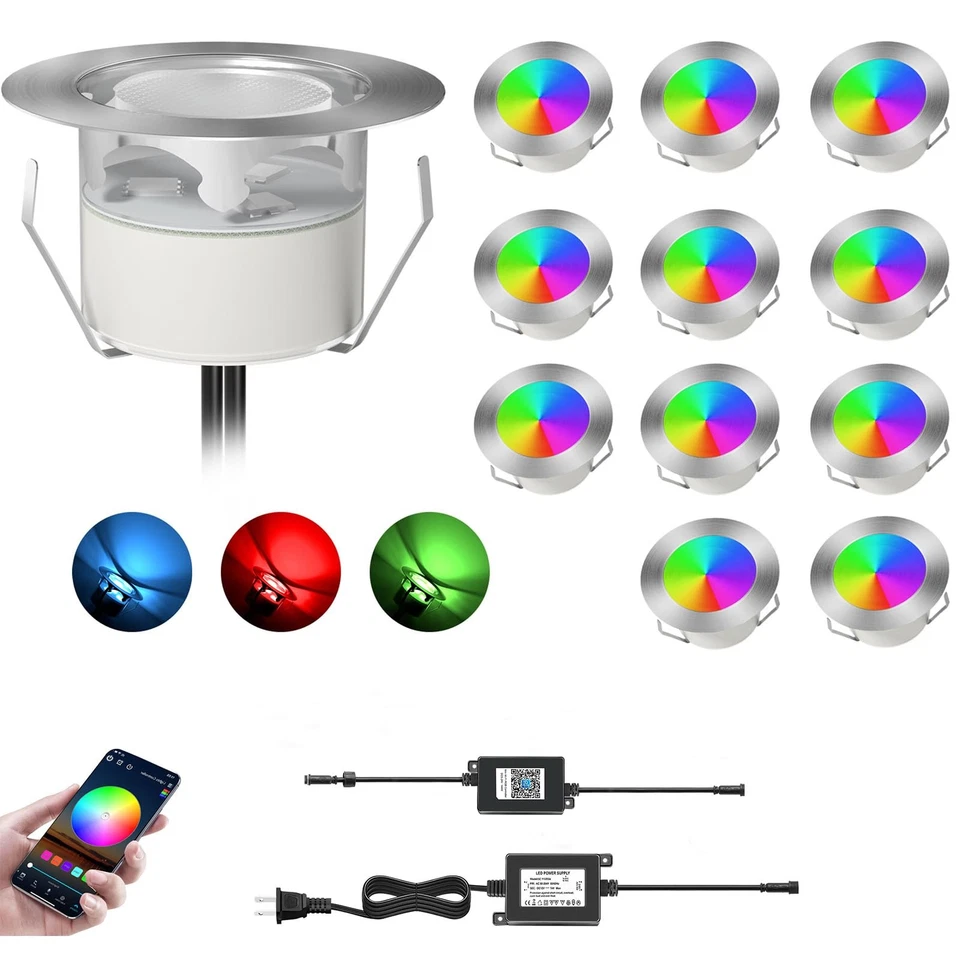 LED Deck Lights Kit,12pcs Φ1.78 Dimmable WiFi-Control Low Voltage Recessed RG... - Image 1 of 4