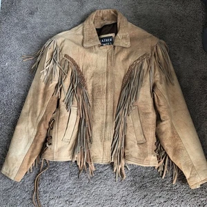 Vintage Leder Fransen Motorrad Jacke Damen Gr. 16 braun hellbraun Biker Hippie " - Bild 1 von 12