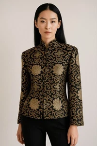 Vintage OLD SHANGHAI Chinese Mandarin Collar Gold Medallion Silk Jacket Size L - Picture 1 of 11