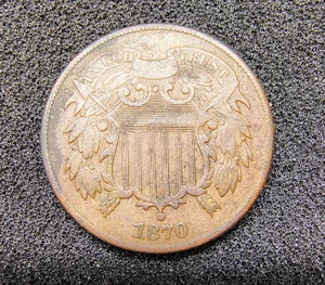 1870 - Shield 2 Cent Piece 2C - Rarity R-4.4 Surviving Pop. 3,000 - F+ Condition - Picture 1 of 22