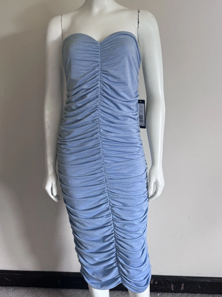 BEBE Strapless Ruched Sparkle Mesh Dress Blue Size L