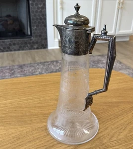 Vintage geätztes Glas Kristall Weinkrug Silberplatte Karaffe Pharao ägyptisch - Bild 1 von 21