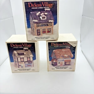 Vintage Dickens Village Ceramic Votive Candle Holder Set Of 3 Grocery Bakery - Picture 1 of 24