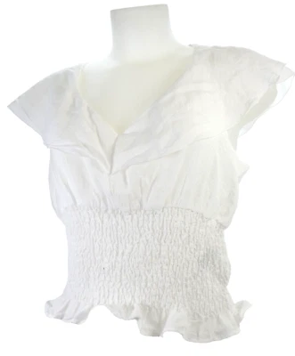 HM White Top Smocked Ruffle Back Tie Short V Neck Casual Basic Camisole Size M - Image 1 of 4