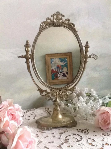 Vintage French Brass Oval Mirror Brass Vanity Swivel mirror on stand Cover