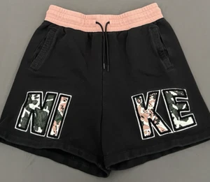 Nike Women's Sportswear Camo Logo Black Fleece Shorts Size Medium Drawstring - Picture 1 of 9