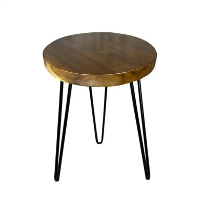 Natural Teak Wood Round End Side Table with Hairpin Legs 21" H Home Decor - Image 1 of 4