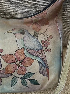 ANUSCHKA Artsy Hand Painted Floral Bird LEATHER Boho Crossbody Bag Art-To-Wear - Image 1 of 4